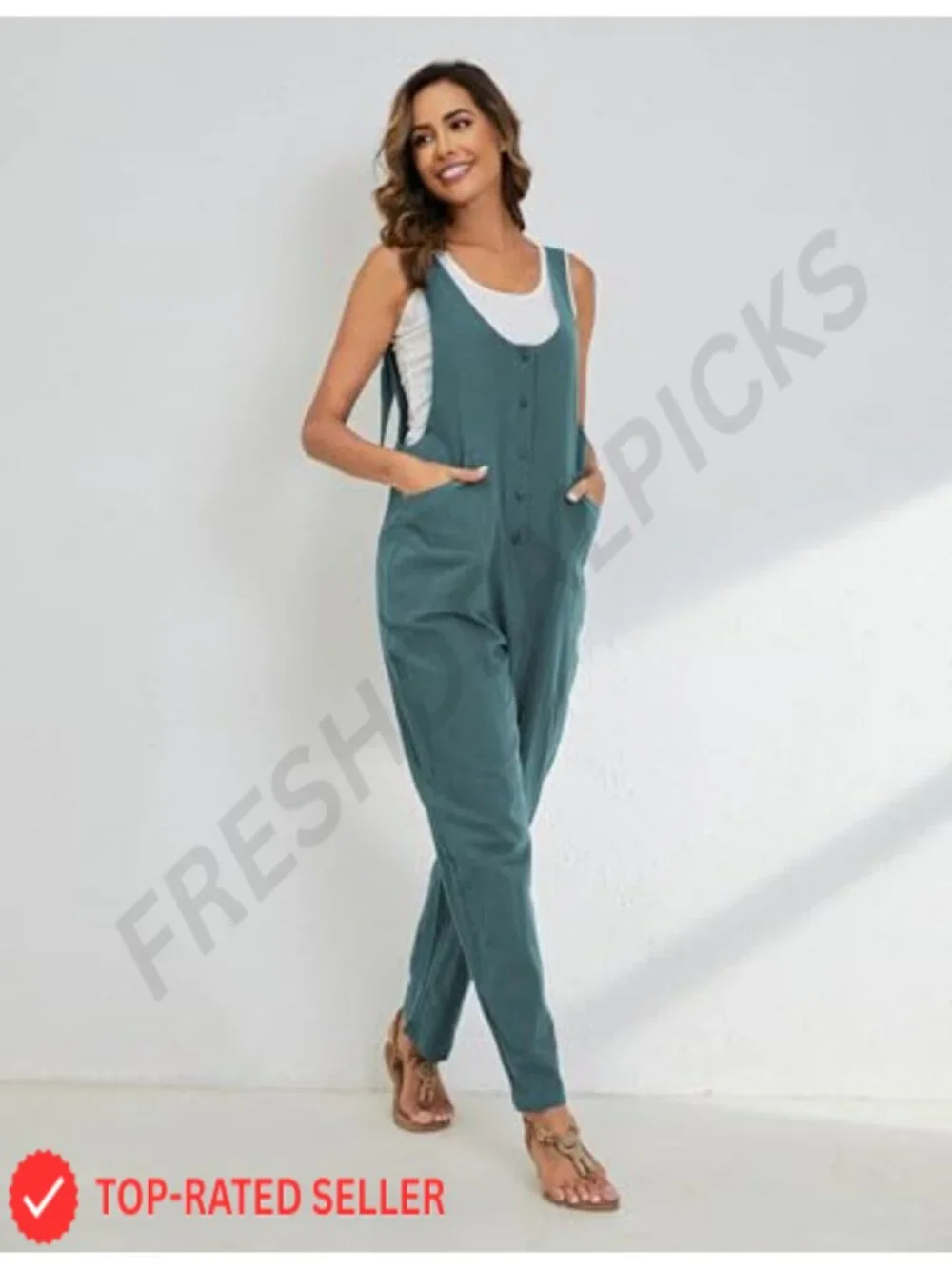 Women's Linen Cotton Overalls Jumpsuit Loose Casual with Pockets